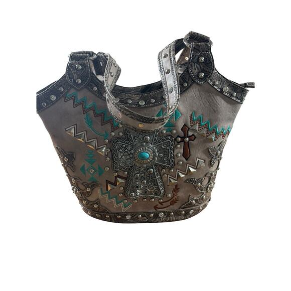 Cowgirl Trendy Tote Bag Concealed Weapon Rhinestone Studded Turquiose Southwest - Picture 14 of 14